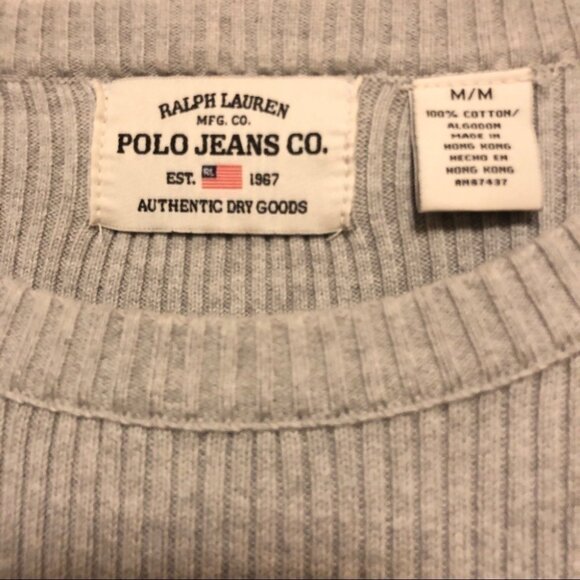 Ralph Lauren Polo Jeans Co Men's Gray Sweater Cream Stripe Pullover Crew Sz M - Picture 7 of 9